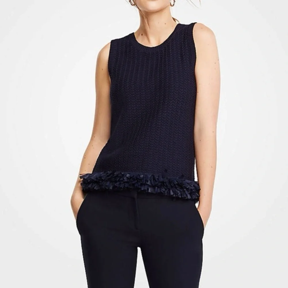 NWT Ann Taylor Navy Sleeveless Knit Sweater Fringe Hem size M